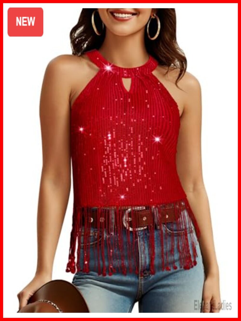 Sequin Fringe Halter Top Country Concert Party Style